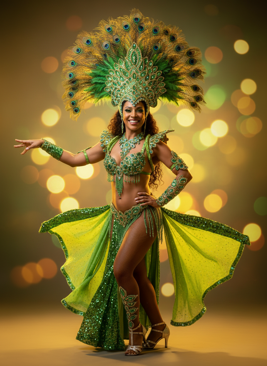 Samba dancer in elegant green carnival costume