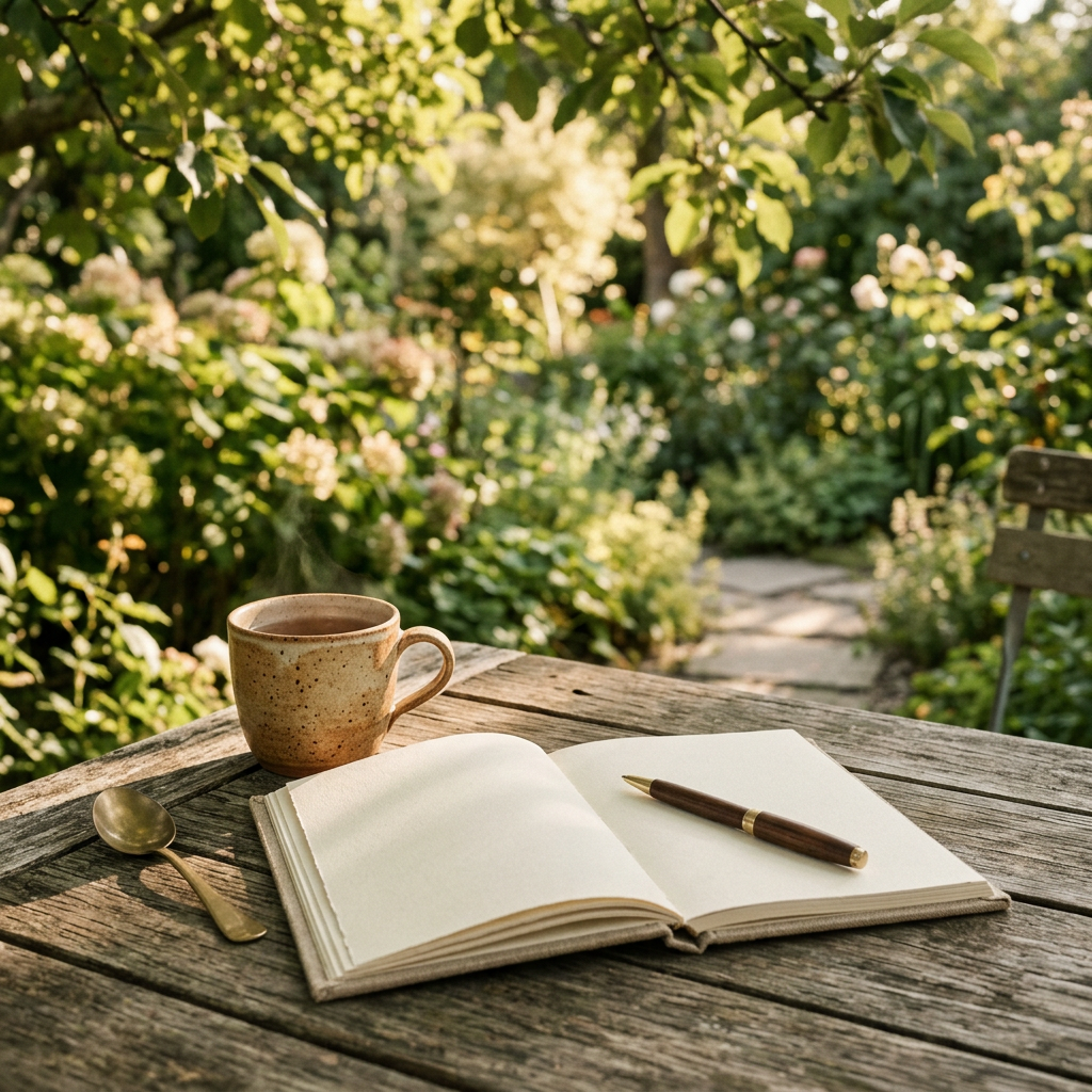 A journal, pen and warm drink in a sunlit garden — preparing for reflection