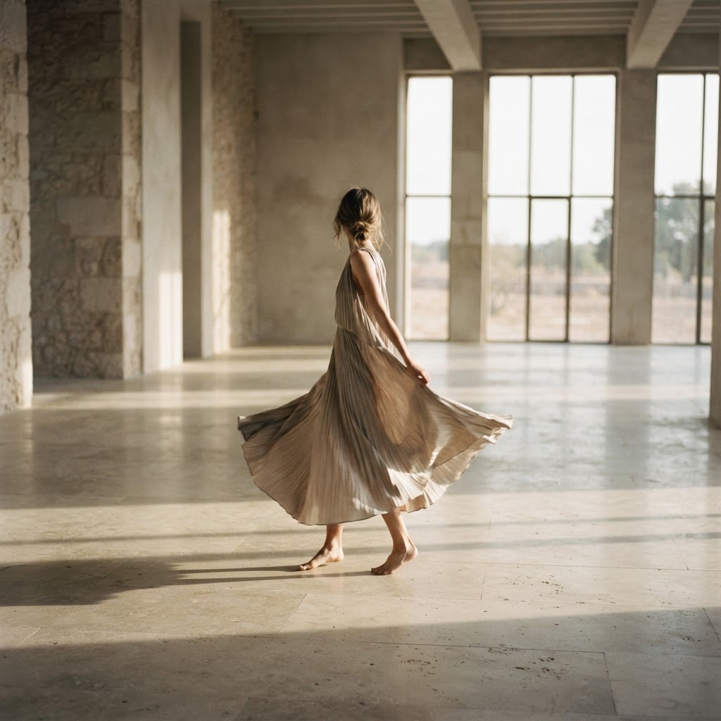A figure in motion in a light-filled space