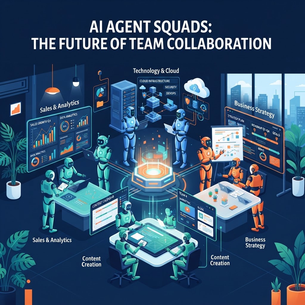 Equipes de agentes de IA trabalhando em vendas, tecnologia, negócios e conteúdo