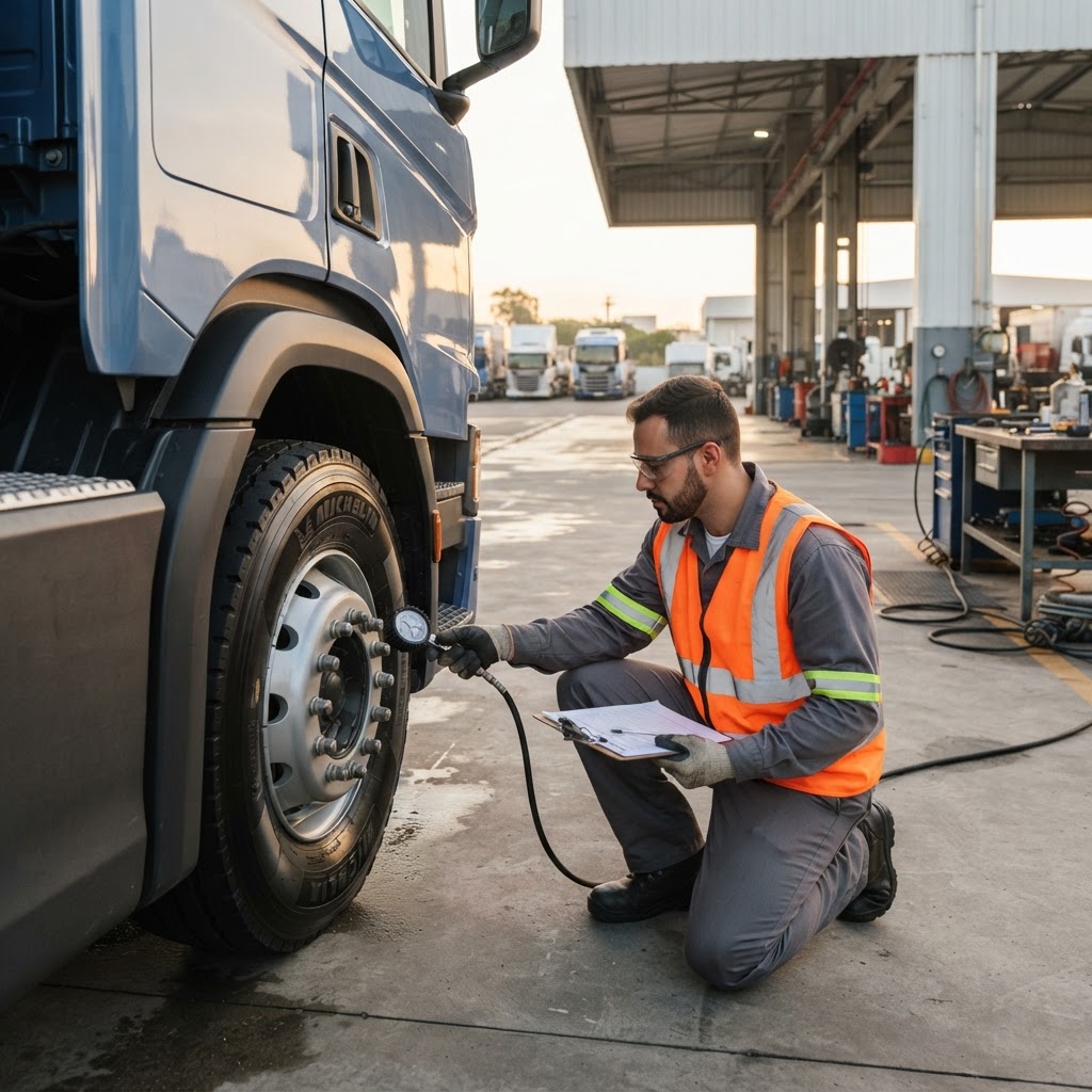 Mecânico inspecionando o pneu de um caminhão em checklist de manutenção