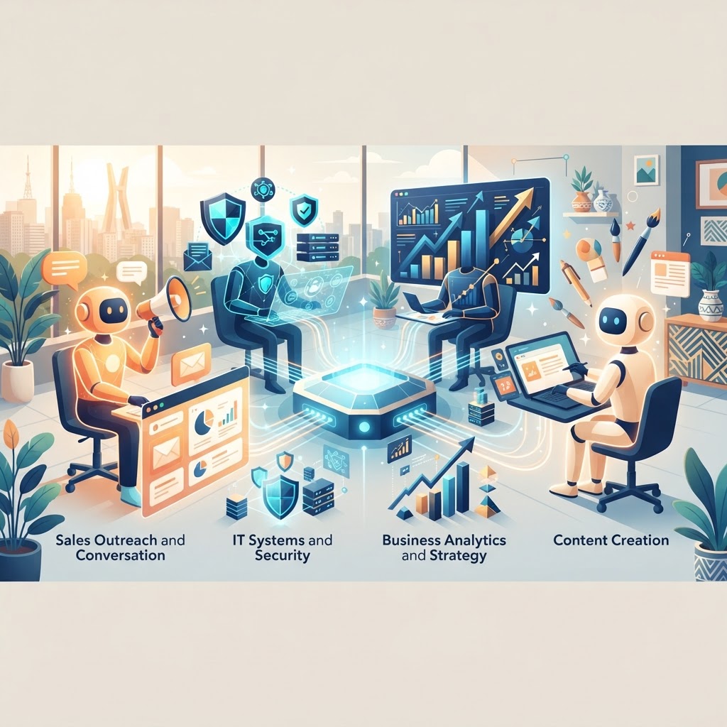 Ilustração de uma equipe de agentes de inteligência artificial colaborando em vendas, tecnologia, negócios e conteúdo