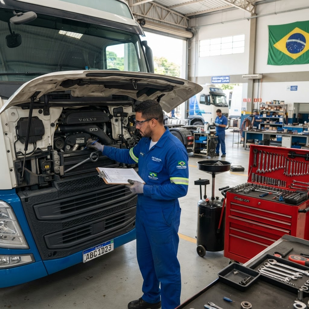 Mecanico fazendo checklist de manutencao em caminhao