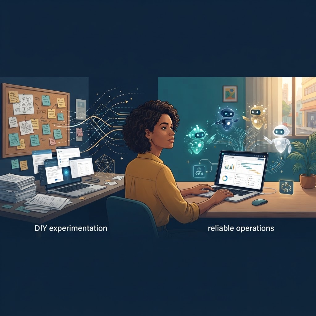 Pequena empresa conectando ferramentas de inteligência artificial a uma equipe coordenada de agentes