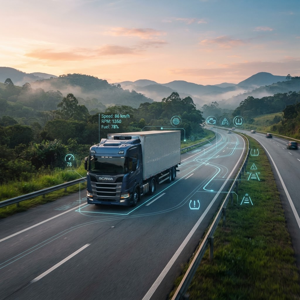 Caminhão conectado em estrada brasileira, com dados de telemetria e inteligência artificial