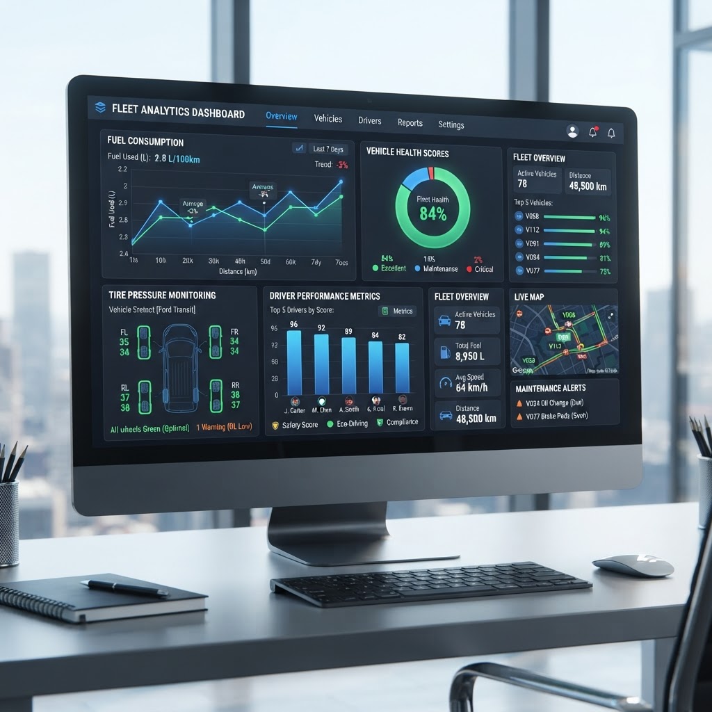 Dashboard de gestão de frotas com métricas de consumo e desempenho