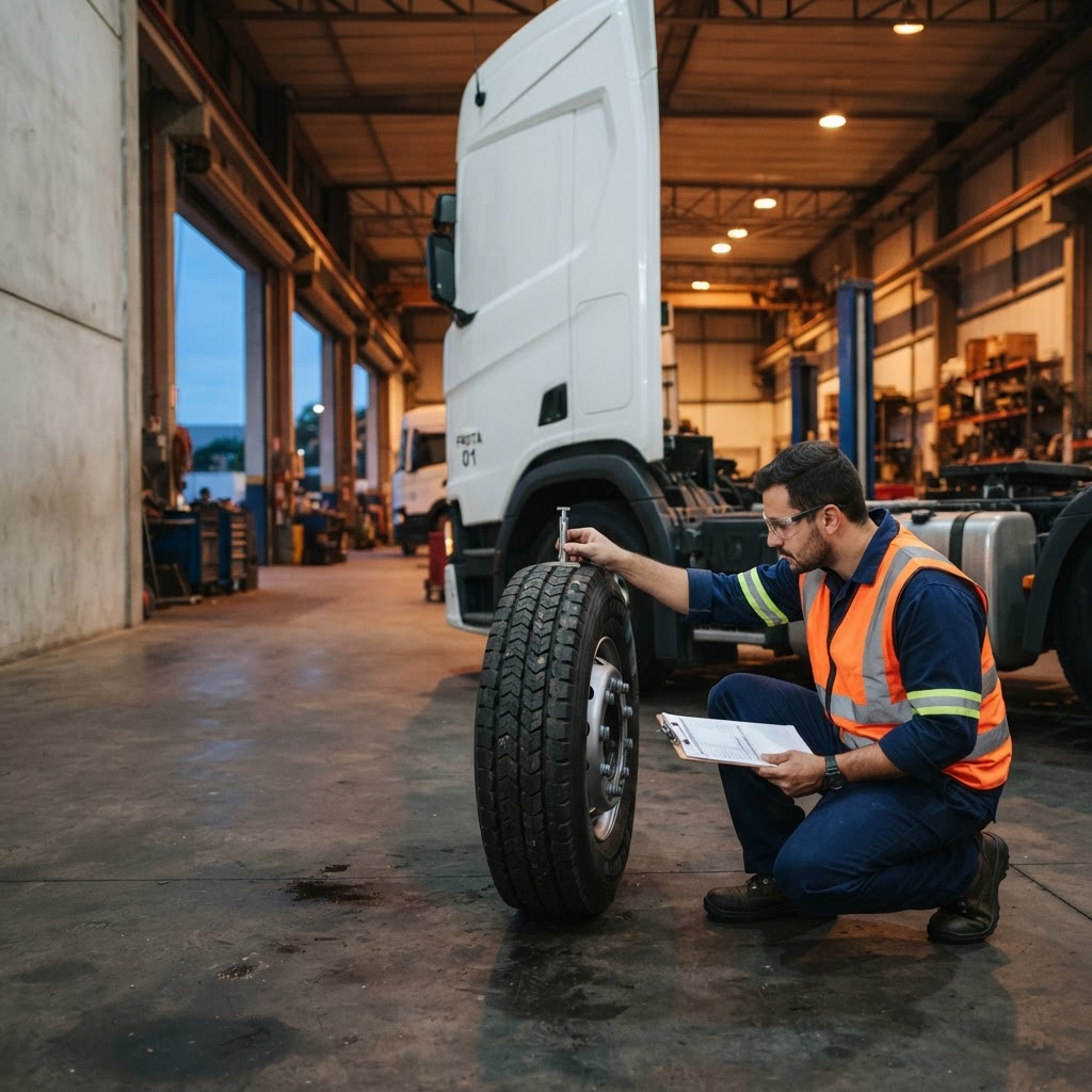 Mecânico inspecionando pneu de caminhão em oficina