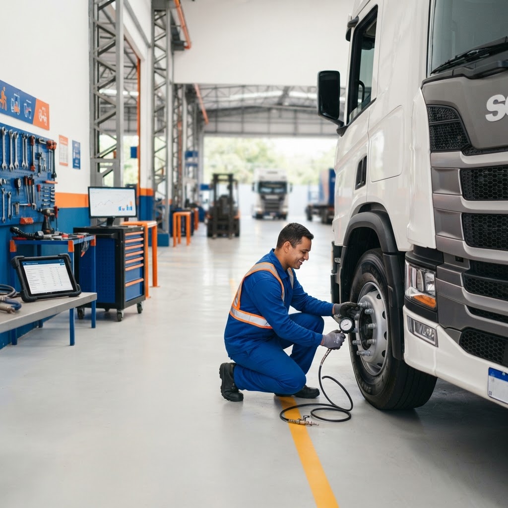 Mecânico verificando a pressão de pneus de um caminhão em oficina