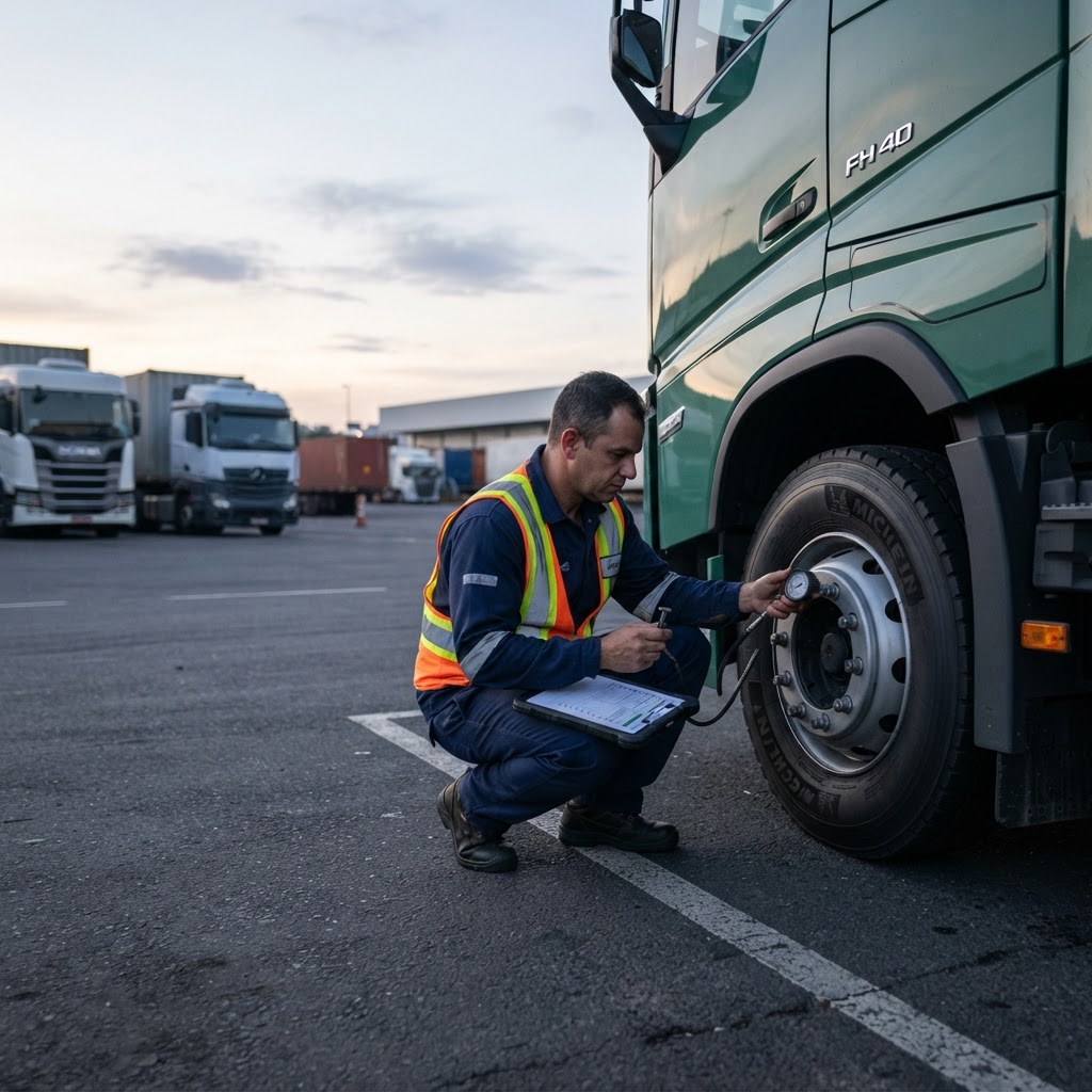 Inspeção preventiva de pneus de caminhão em pátio logístico