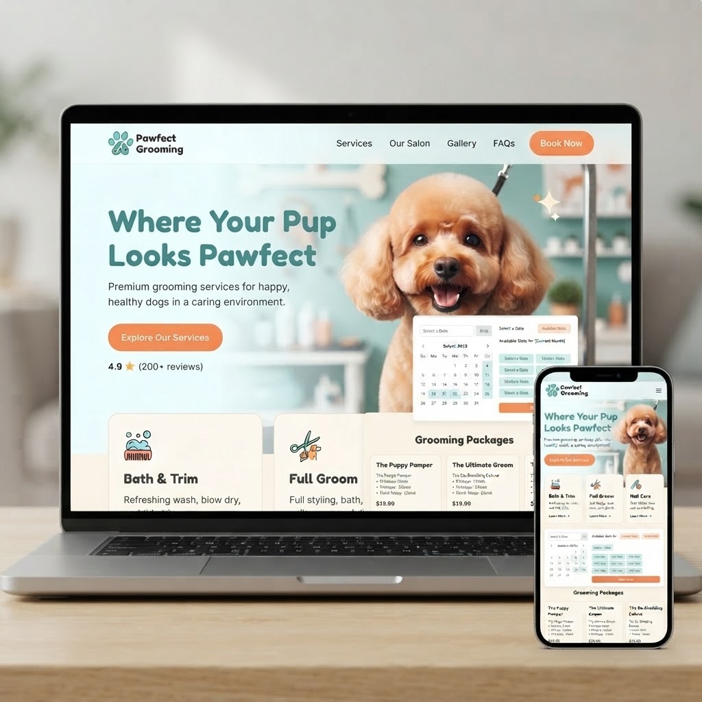 Custom dog groomer website design example by Dream 'n Stream - North Little Rock Arkansas web design agency
