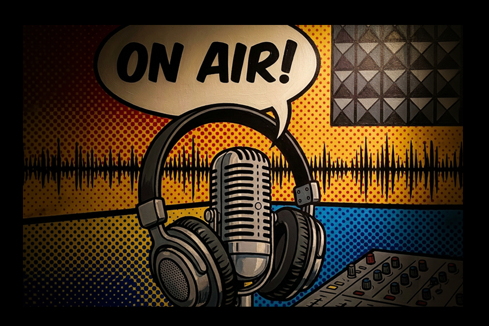 Dream 'n Stream Podcast Studio interior - two chairs with microphones and branded backdrop in North Little Rock AR