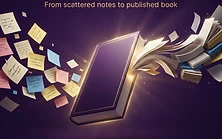 Easy Manuscript book graphic with scattered notes flowing into a finished book - New Skills Online - Dr. Margaret Jamal - turn your notes into a book