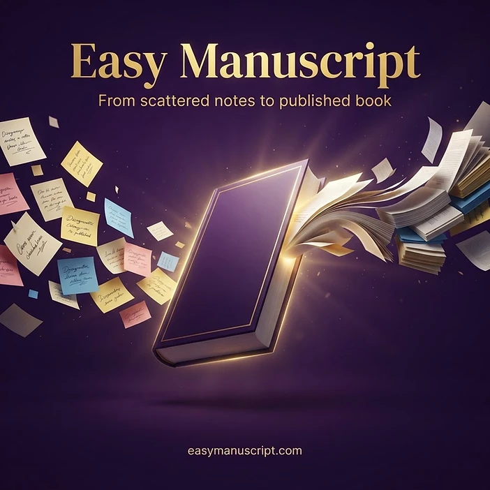 Easy Manuscript book graphic with scattered notes flowing into a finished book - New Skills Online - Dr. Margaret Jamal - turn your notes into a book