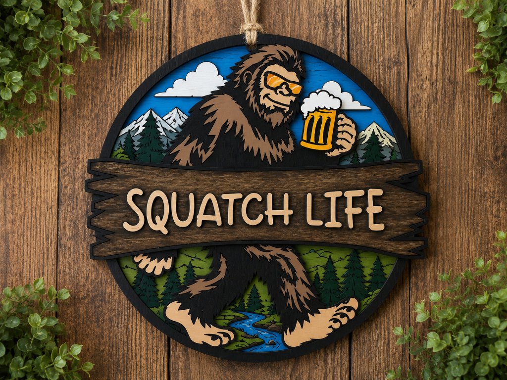 Funny Bigfoot Door Sign β "SQUATCH LIFE" Layered Wooden Door Hanger