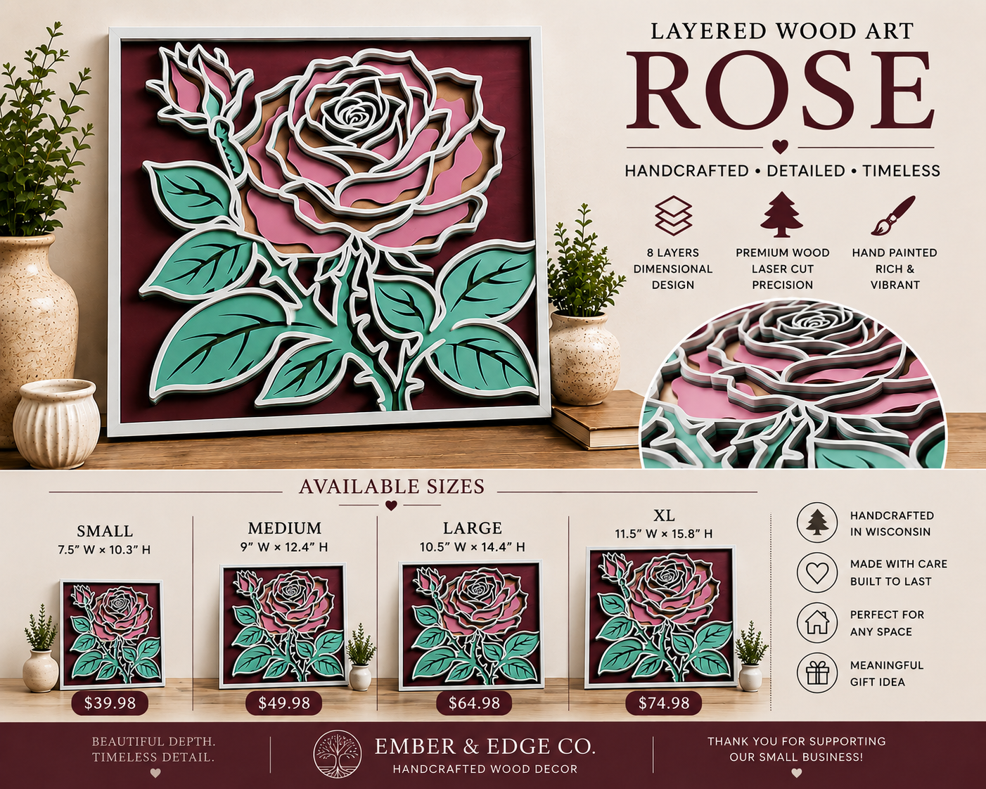 Rose Layered Wood Art β Handcrafted Floral Home DΓ©cor