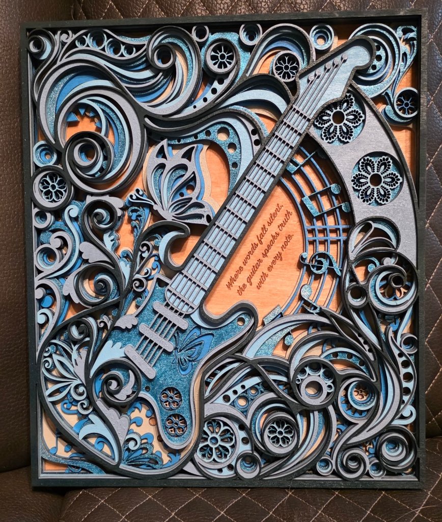 Layered Guitar with Swirls Wood Art