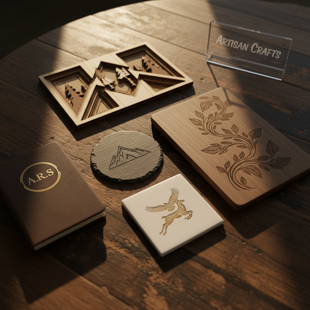 Collection of custom laser-engraved products on a rustic wood surface