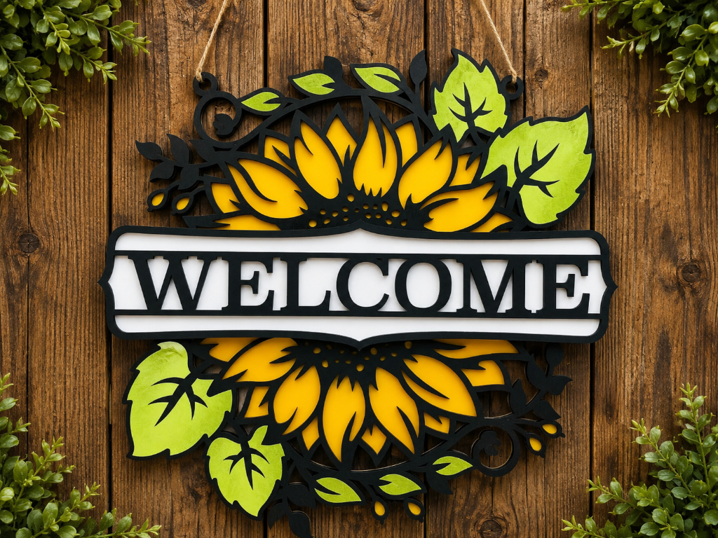 Sunflower Floral Welcome Sign β Layered Wooden Door Hanger