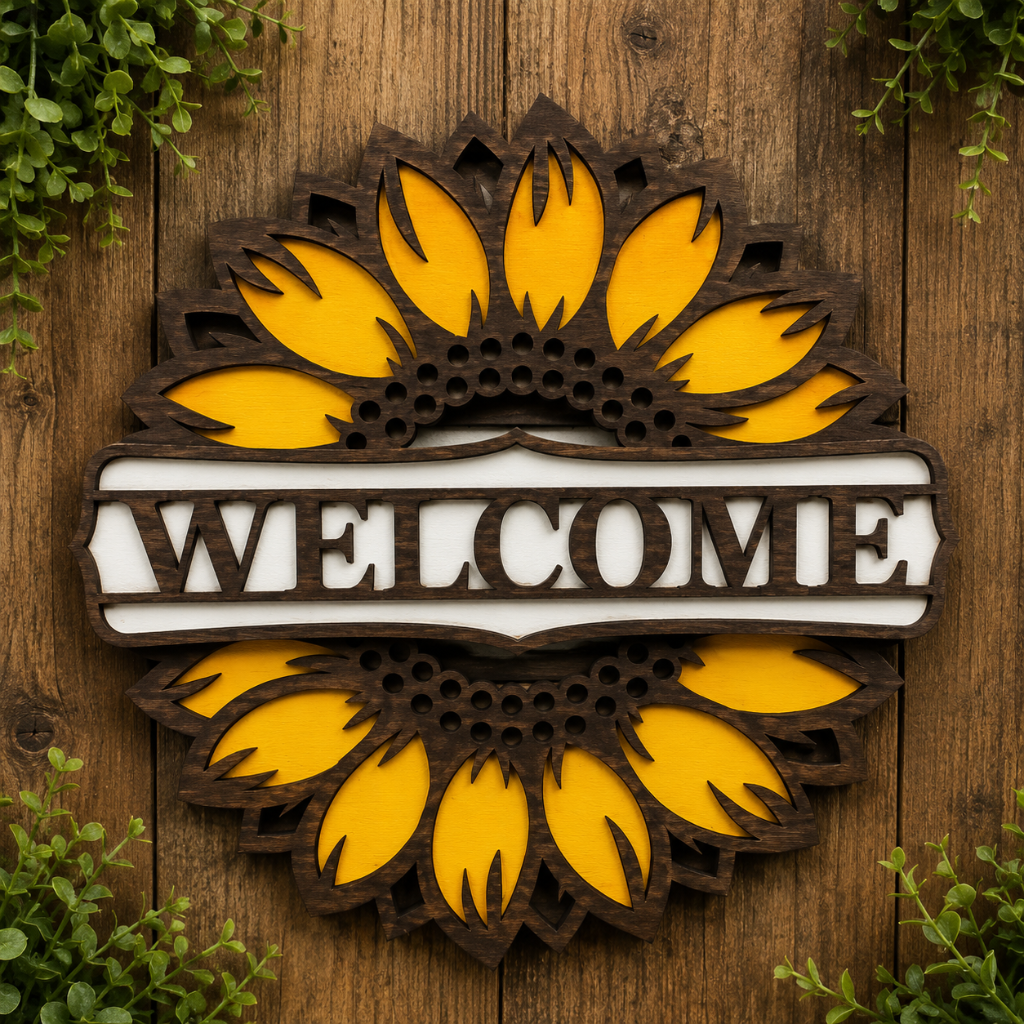 Sunflower Welcome Sign β Layered Wooden Door Hanger