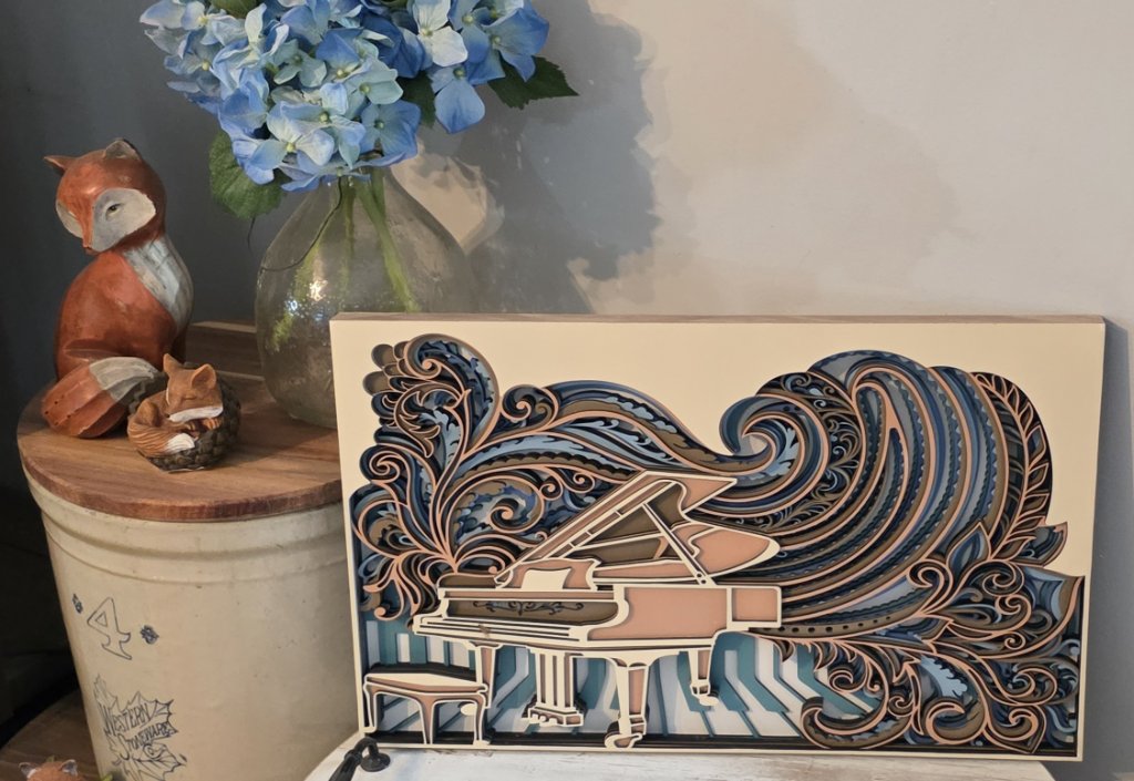 Layered Piano with Swirls Wood Art