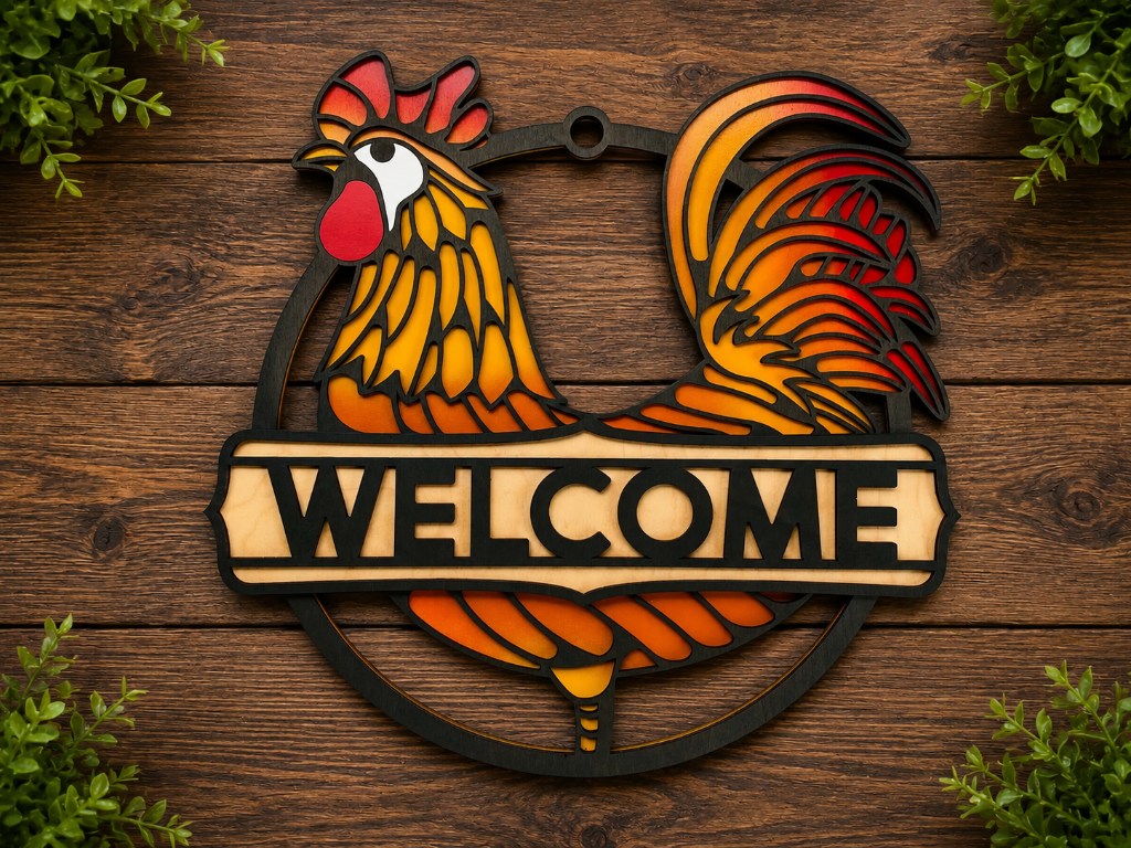 Layered Rooster Welcome Sign