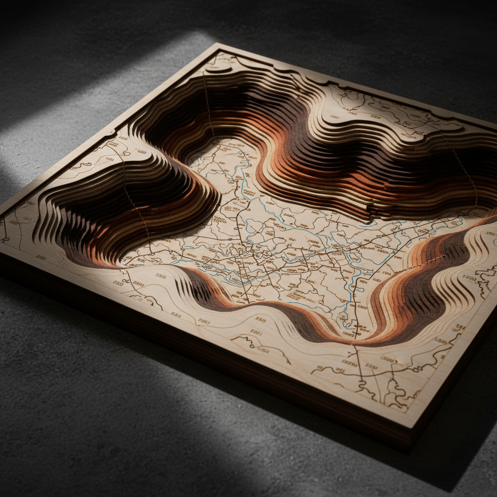 Layered laser-engraved wood map artwork
