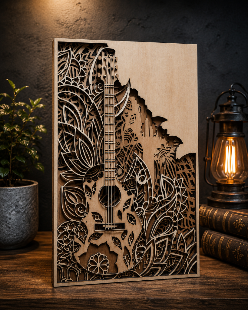 Intricate wooden guitar art with rustic charm