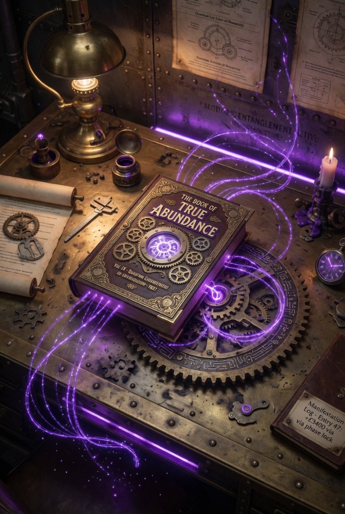 The Book of True Abundance — steampunk tome with copper energy