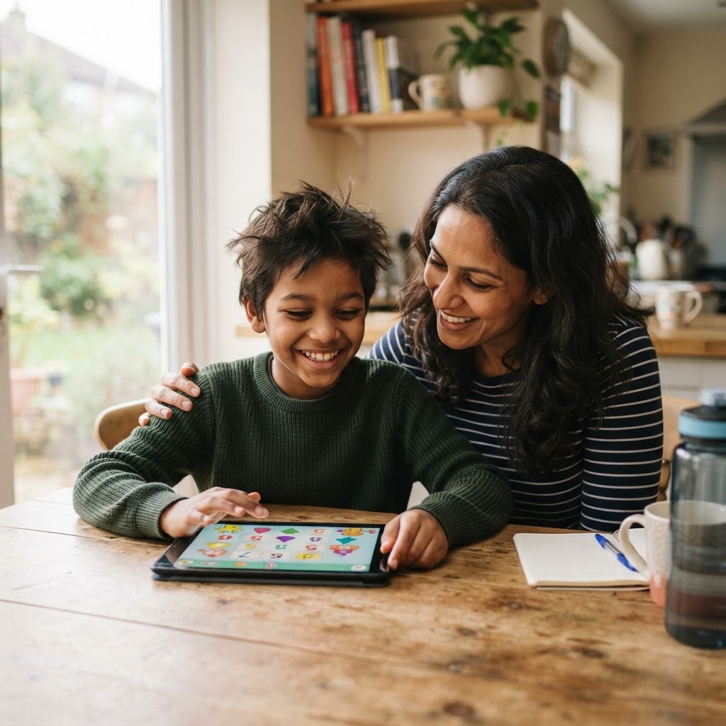 Child learning happily at home with a parent