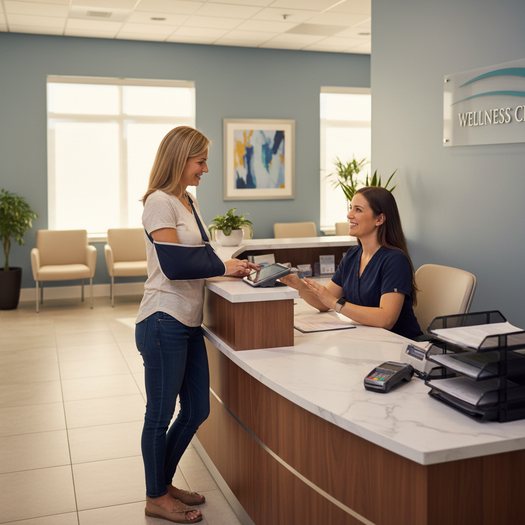 Patient making a healthcare payment at a front desk