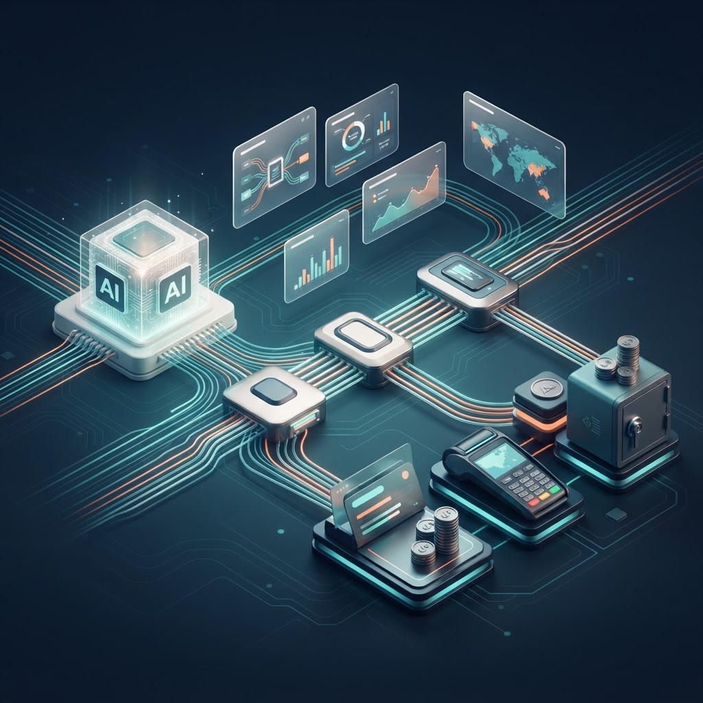 Abstract illustration of AI-driven payments infrastructure