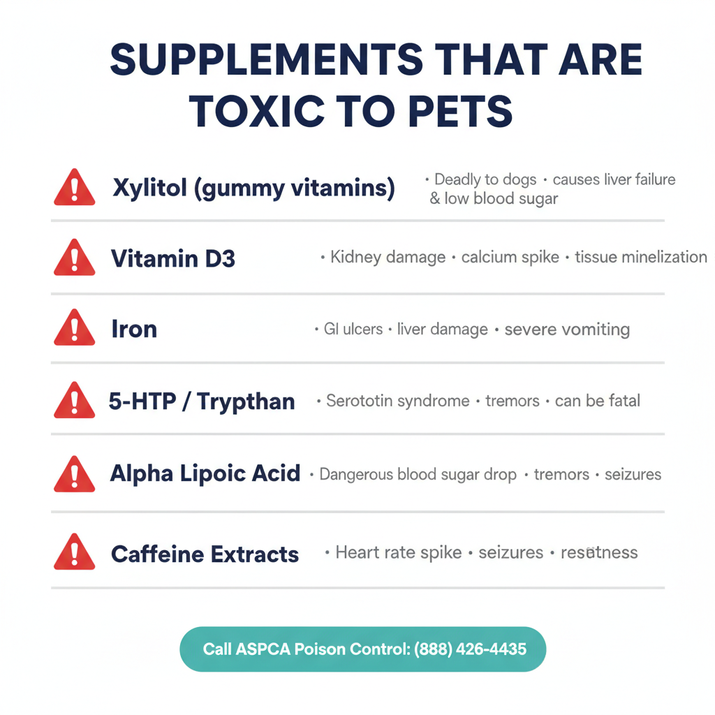Infographic: Supplements That Are Toxic to Pets — Xylitol, Vitamin D3, Iron, 5-HTP, Alpha Lipoic Acid, Caffeine Extracts