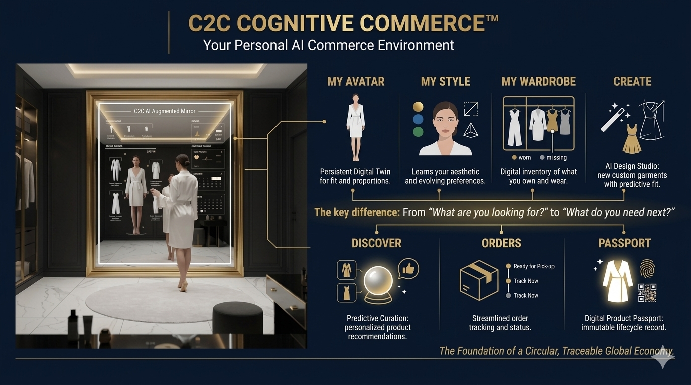 C2C Cognitive Commerce™ — Your Personal AI Commerce Environment: My Avatar, My Style, My Wardrobe, Create, Discover, Orders and Passport around the C2C AI Augmented Mirror