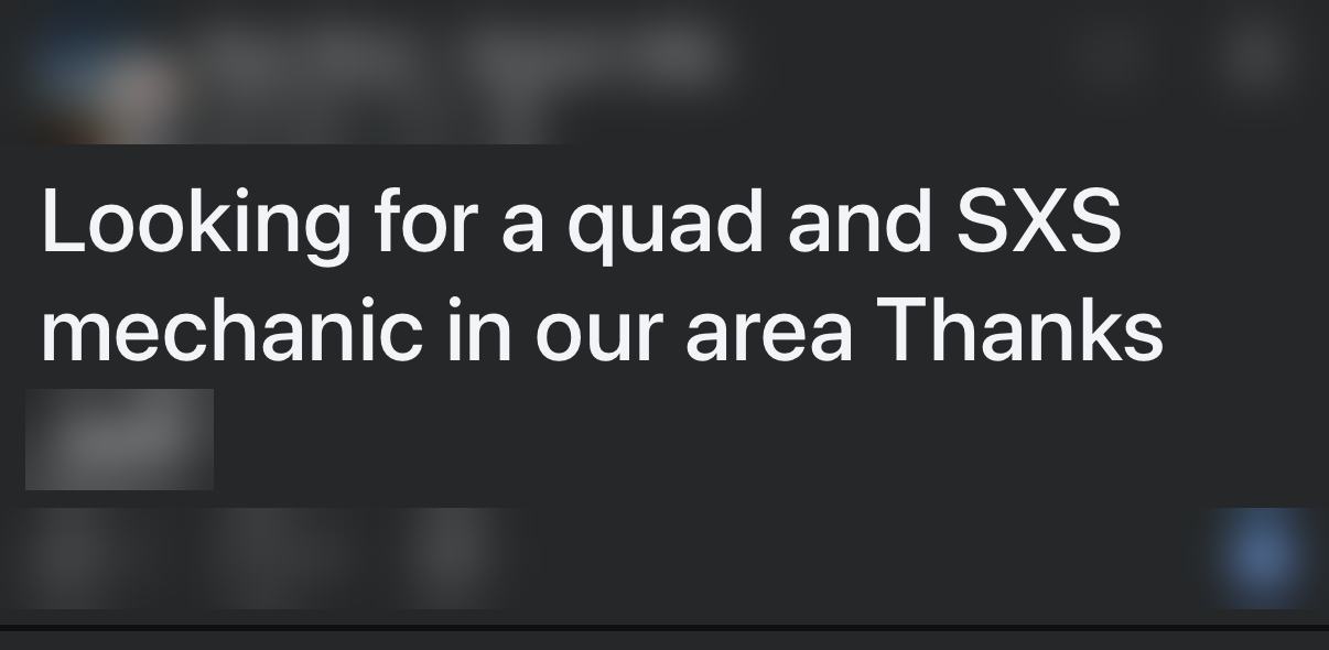 Group post asking for a quad and SXS mechanic nearby