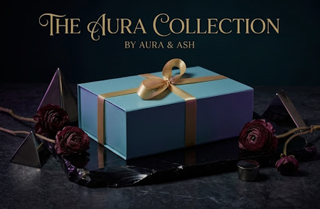 The Aura Collection — teal magnetic box with gold ribbon