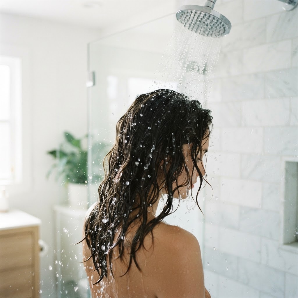 Water droplets falling on hair in a shower, representing hard water mineral buildup and its effect on hair and scalp.