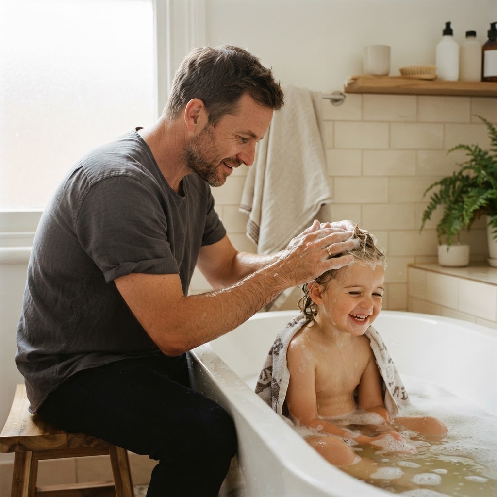 A father gently washing his young child's hair in a bathtub, representing age-appropriate children's hair care and the caregiver as a child's first hair teacher.