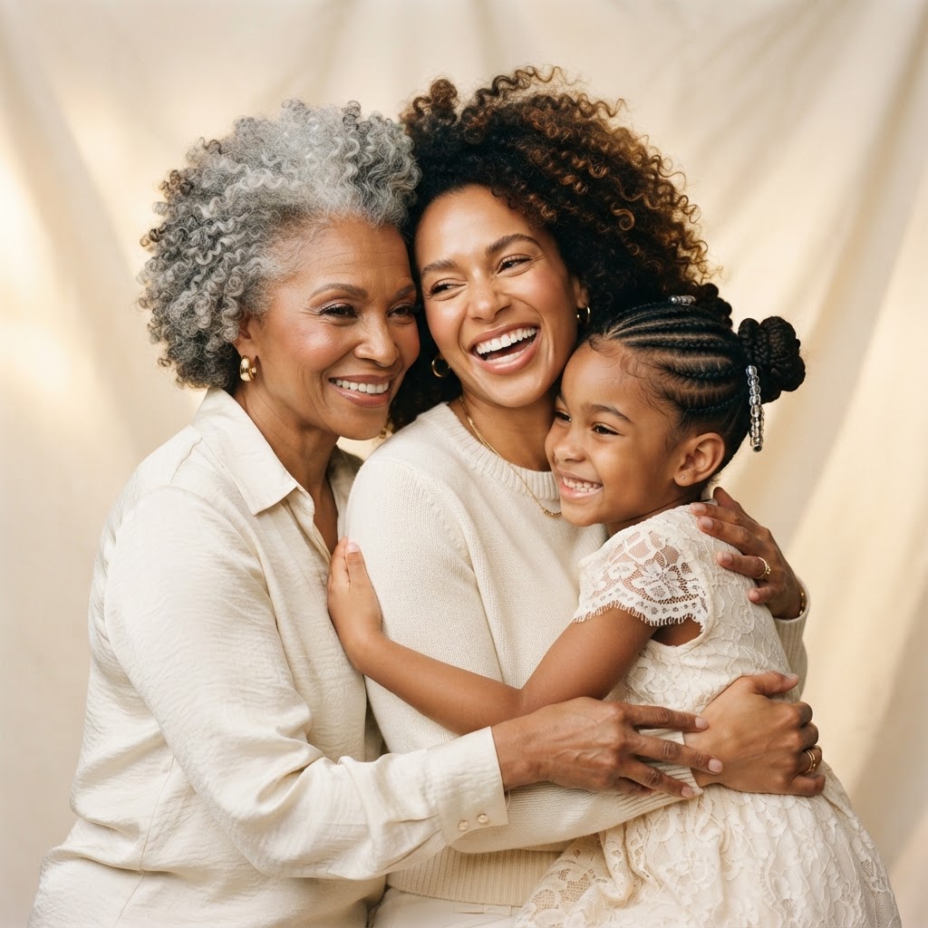 Three generations with diverse natural hair textures
