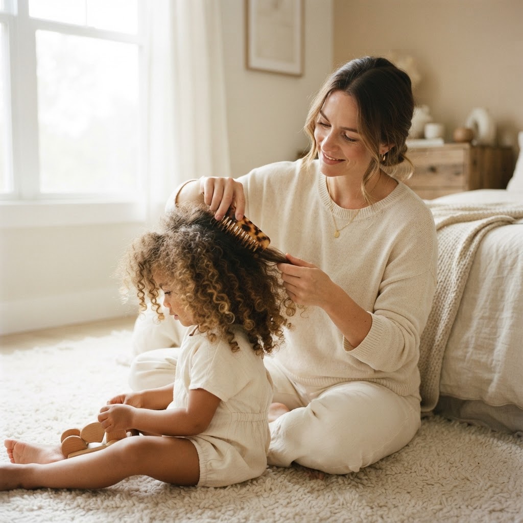 A child with curly hair being gently detangled with a wide-tooth comb.