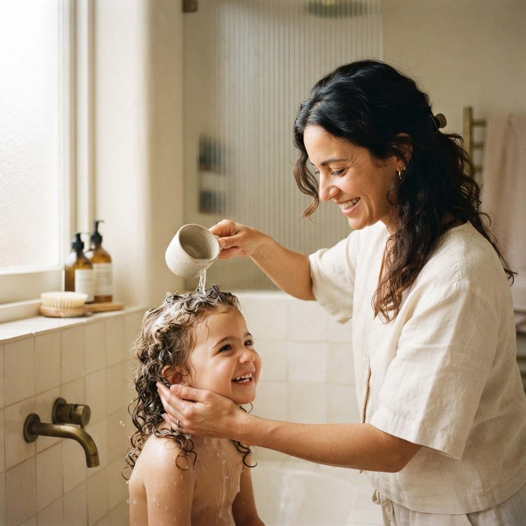 A parent gently caring for a child's curly hair, illustrating an easy wash-day routine.