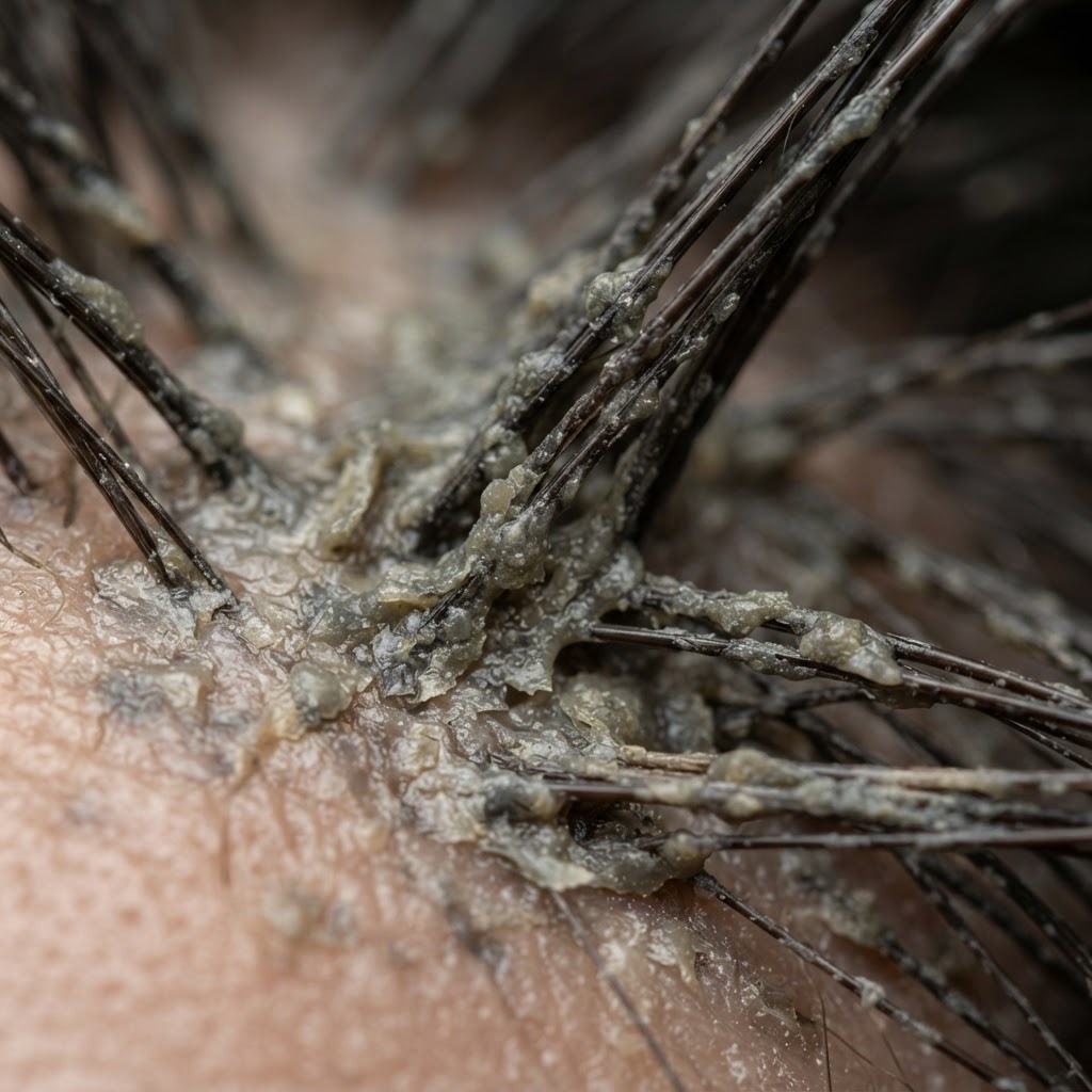 Product Buildup — magnified scalp research photograph