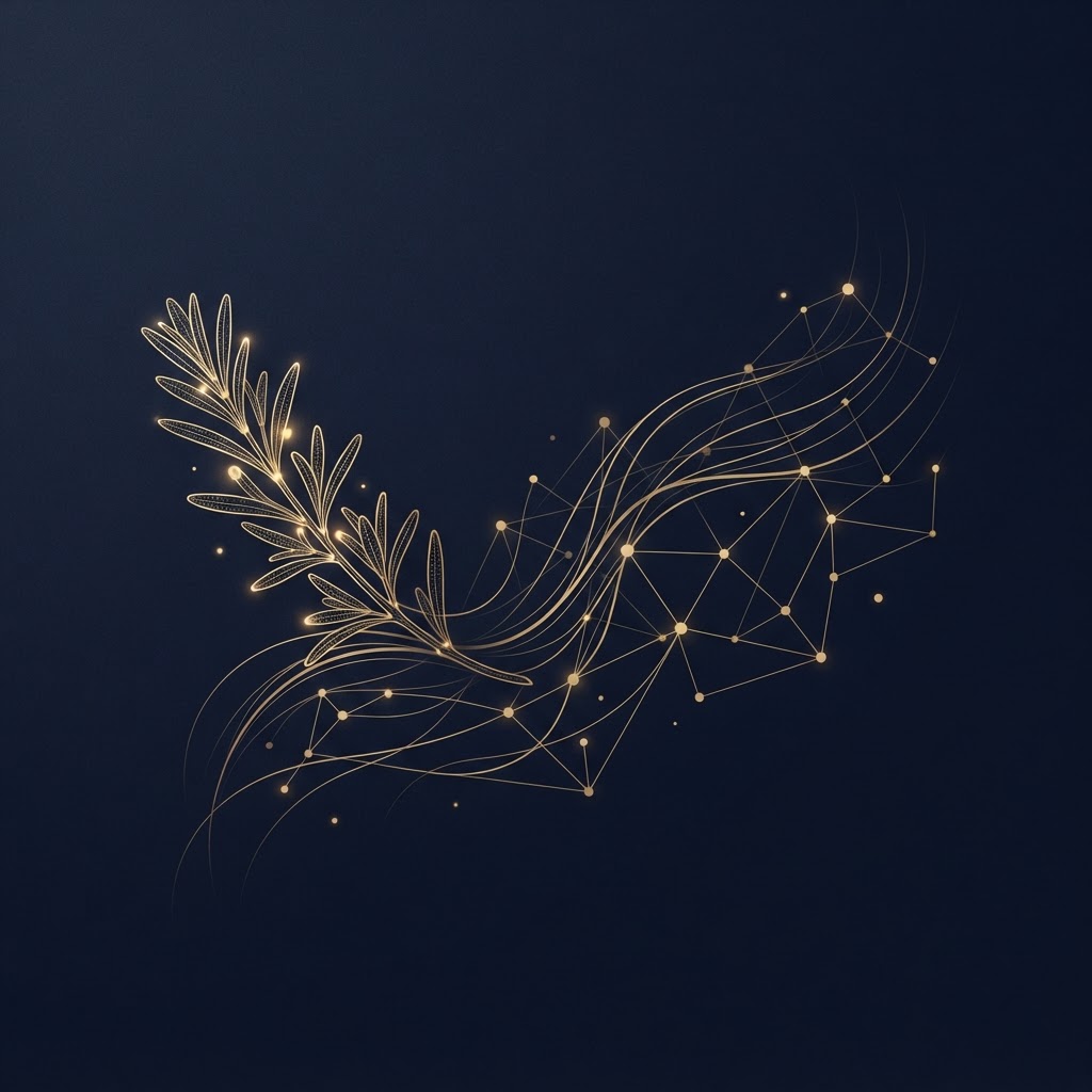 Editorial illustration of a rosemary botanical drawn in fine gold line-work, connected by thin lines into a constellation of system nodes on a deep navy field — systems thinking in scalp-first beauty.