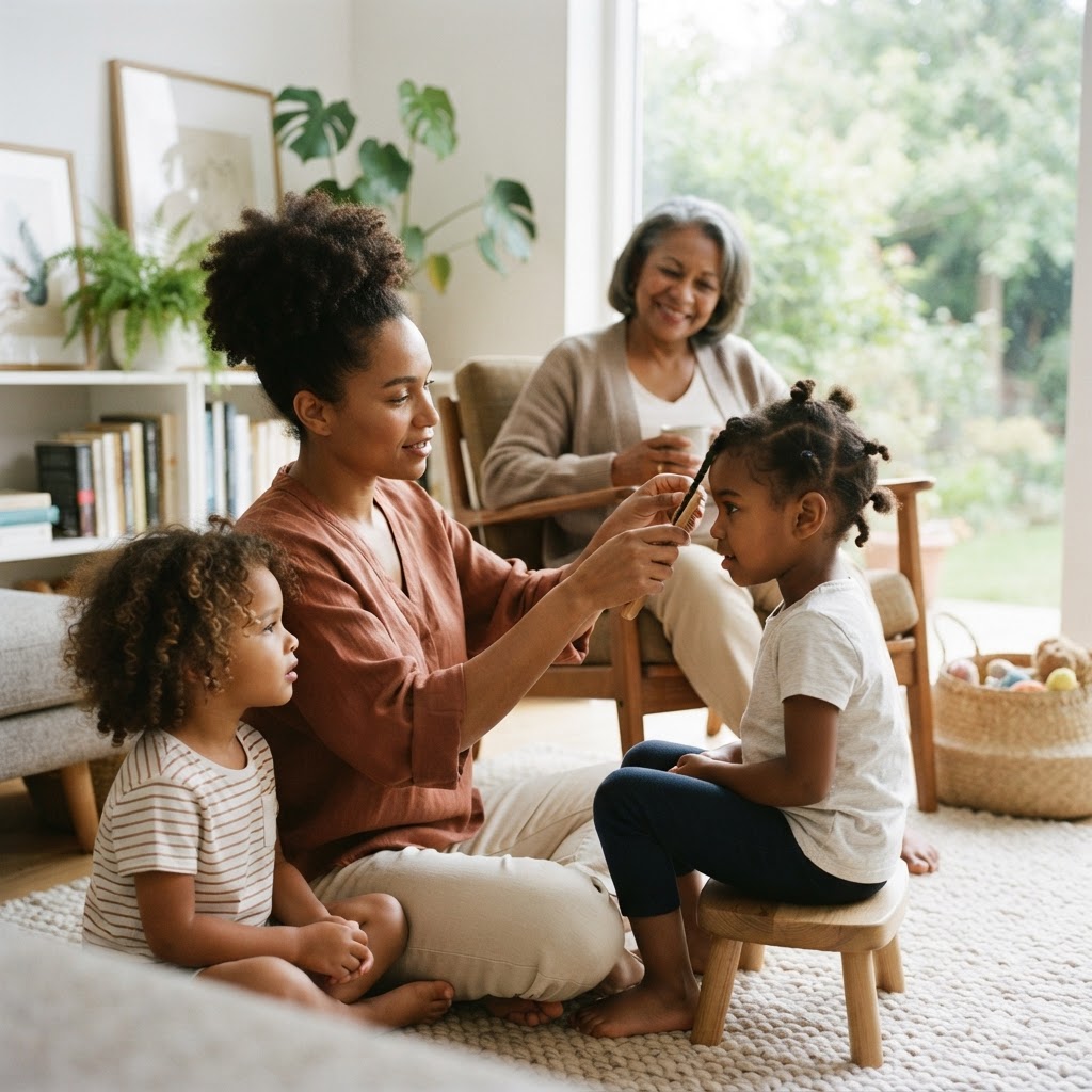 A multicultural, multigenerational family at home — a mother styling her daughter's hair while a grandparent watches, representing texture-diverse households and family hair wellness.