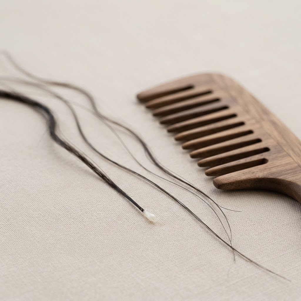 Macro close-up of hair strands beside a wooden wide-tooth comb, with one strand showing a white root bulb, illustrating the difference between shed hair and broken hair.
