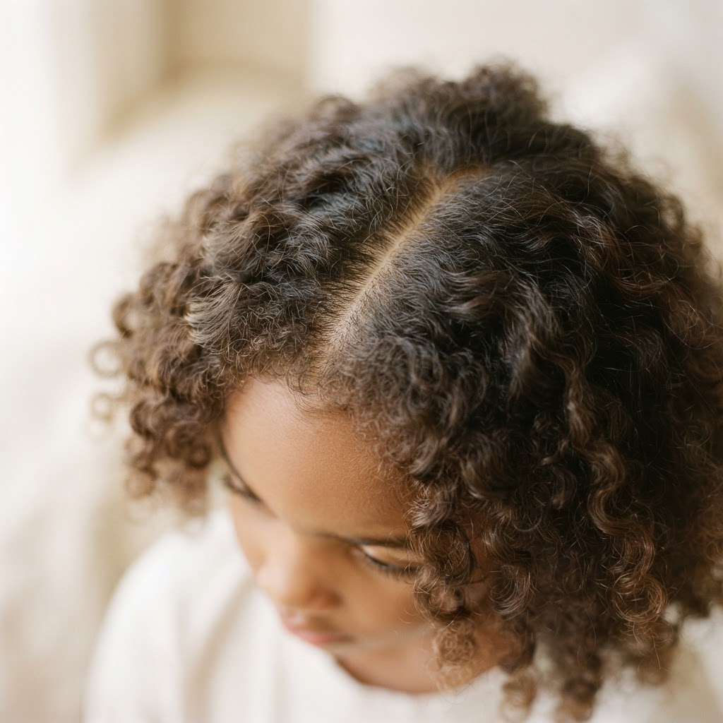 A healthy child's scalp and hair being gently checked during hair care.