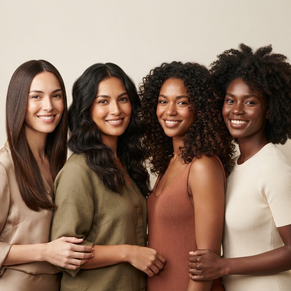 Four women of different skin tones with straight, wavy, curly, and coily hair shown together, representing why curl type alone does not determine hair care needs.