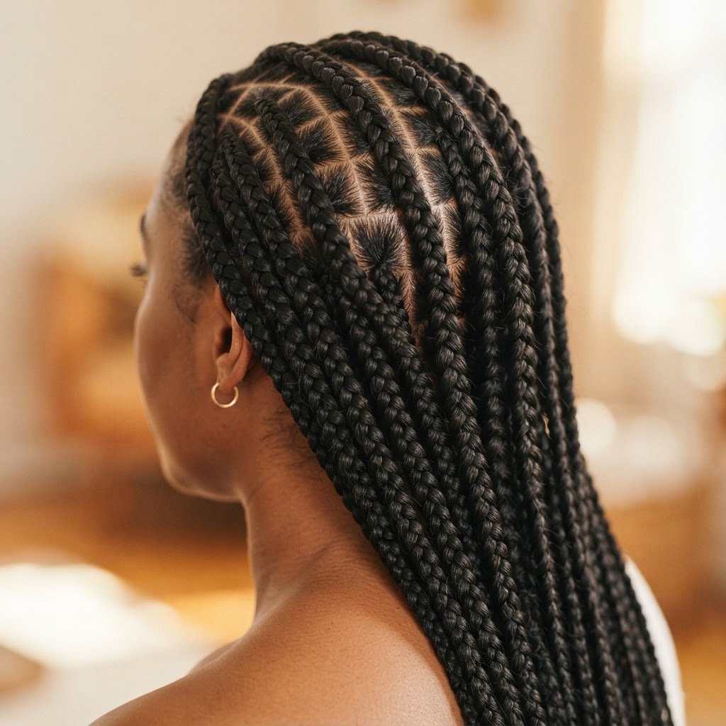 Close-up of neatly installed box braids with a visible healthy scalp between partings, representing protective styling done gently and well.
