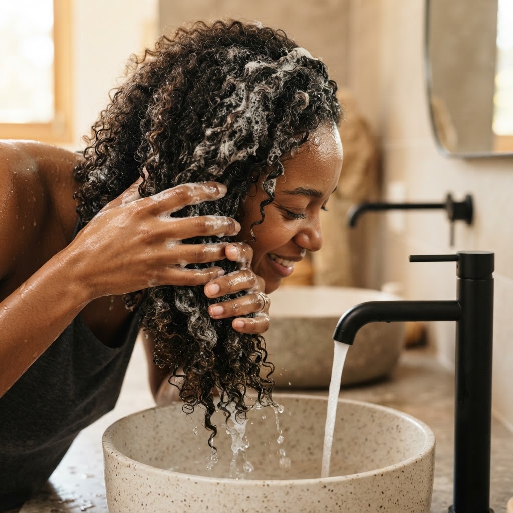 A person washing textured hair under running water with rich lather, representing wash day, scalp cleansing, and the question of whether hair gets used to shampoo.
