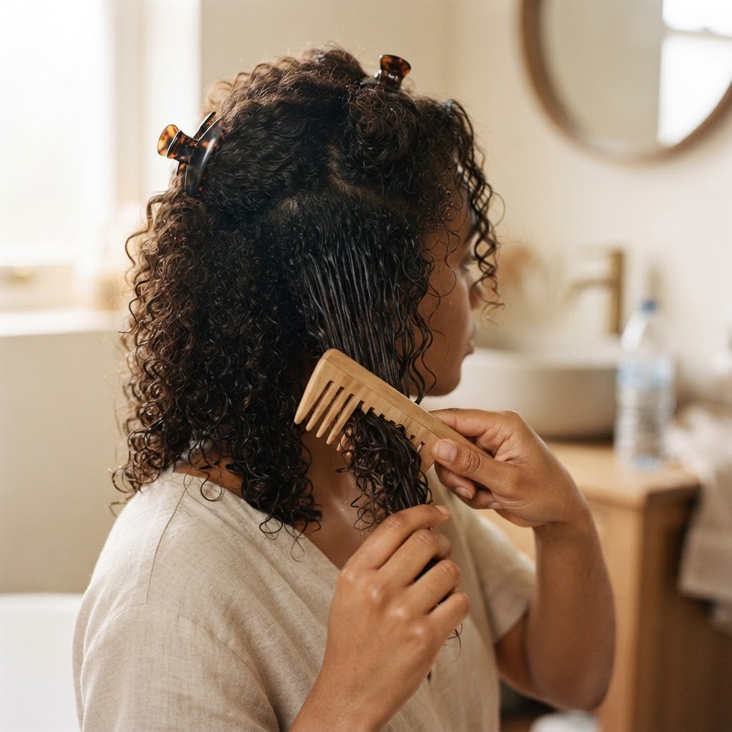 Hands gently detangling damp curly hair with a wide-tooth comb, representing how daily behavior and routine shape hair health.