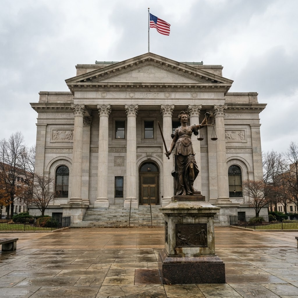 Classical courthouse with scales of justice statue